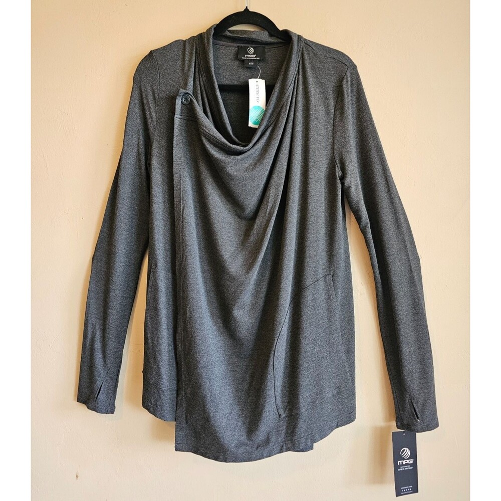 MPG Waterfall Cardigan Sport Button Detail Open Dark Gray Loose Fit Size Medium